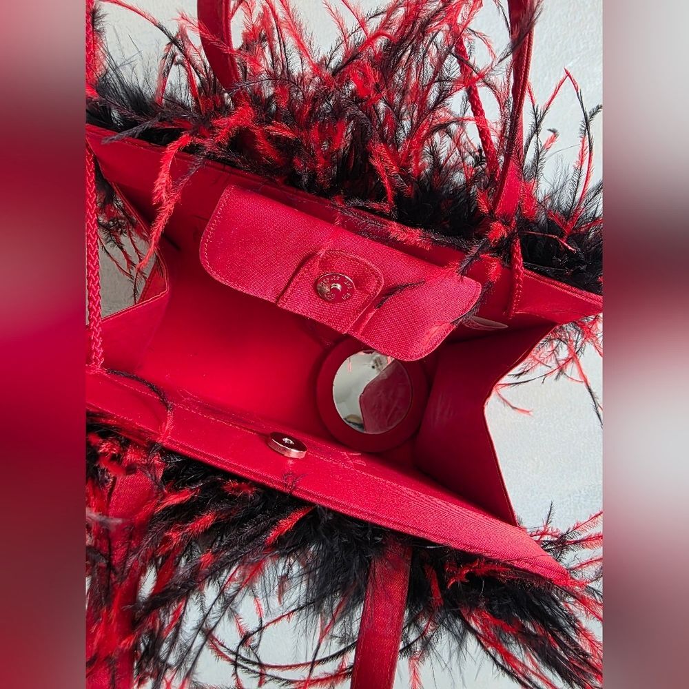 Vtg Red and Black Ostrich Feather Trimmed Satin Crossbody Shoulder Bag Glam 8x5 - Picture 7 of 14